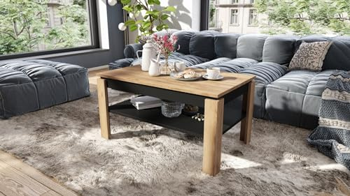 designimpex Design Couchtisch Tisch Asti-P höhenverstellbar 55-67cm Esstisch, Farbe:Eiche Gold Craft - Schwarz matt