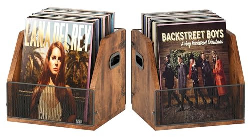 Confezione da 2 contenitori per dischi in vinile, cassette per dischi in vinile, supporto per album in vinile, cassa per dischi in metallo e legno, cassa per dischi in vinile, cassa per dischi in