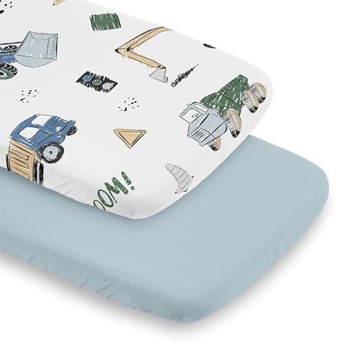 Sweet Jojo Designs Spannbettlaken-Set für Baby/Stubenwagen, oval, rechteckig, Sanduhr-Matratze, 2 Stück, blau, grau, grün, Transportzone, Fahrzeuge, Bulldozer, Kran