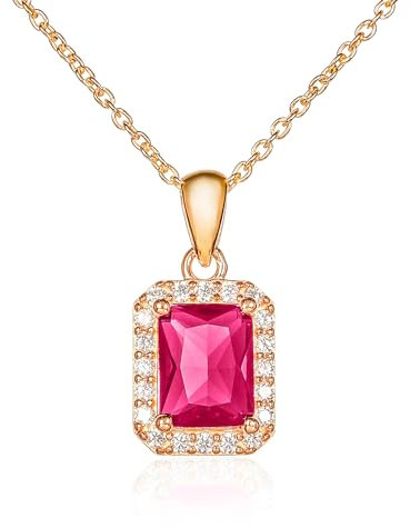 Diamond Treats Goldene Damen-Halskette mit Smaragdschliff aus 925er Sterlingsilber mit roten Zirkonia-Steinen, elegante rechteckige Halskette aus Gold, Rubinrote Kette für Damen mit Geschenkbox