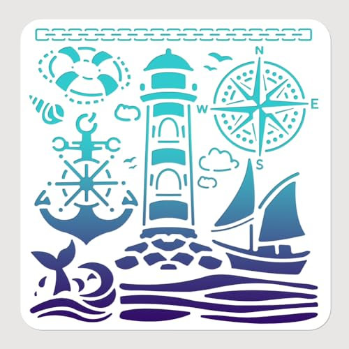 NBEADS Marine Thema Malerei Schablone, 30x30cm Leuchtturm Schiff Anker Journal Schablonen Ausgehöhlte Kunst Schablonen Pet Wiederverwendbare Schablonen für Malerei Journaling Tagebuch Scrapbook