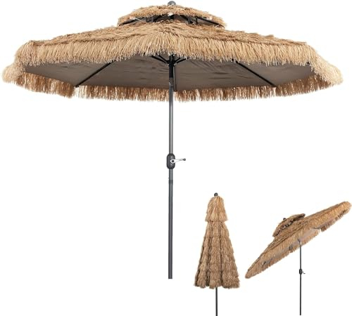 GOPLUS Sombrilla de Paja Hawaiana Ø 270/300 cm, Sombrilla Playa con 8 Varillas, Botón para Inclinación, Sombrilla de Rafia Portátil con Techo Doble, para Patio Piscina Terraza Exterior (270 cm)