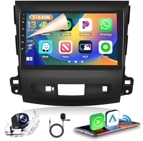 Hikity 2GB+64GB Android 15 Autoradio für Mitsubishi Outlander 2/Citroen C-Crosser/Peugeot 4007 Radio Wireless CarPlay Android Auto Bluetooth 9 Bildschrim Auto Radio mit Navi Rückfahrkamera