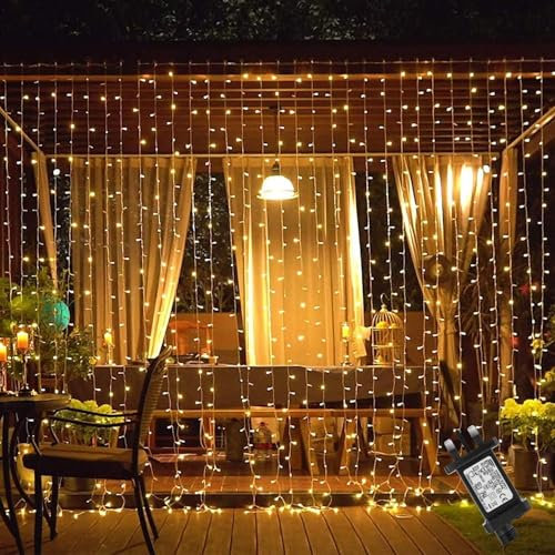 GlobaLink Curtain Lights, 600LEDs 6x3m Curtain Fairy Lights, Waterproof Christmas Window Lights with 8 Modes, Plug in Waterfall String Lights for Wedding Wall Party Bedroom Indoor Outdoor - Warm White