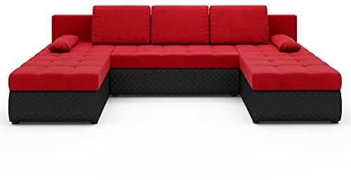 roe furniture Ecksofa mit Schlaffunktion 285x150x94 cm - Wohnlandschaft U Form - Kollektion Bolt U - Sofa U Form - Eckcouch mit Bettkassen - Rot Schwarz