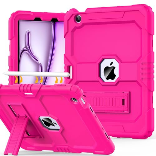OKP Case for iPad Air 11-inch M2/ M3 (2024/2025) (Air 6th), for iPad Air 5th/ 4th Generation (2022/2020) 10.9'', Heavy Duty Rugged Air 6 5 4 th Gen iPad Cover with Pencil Holder/Kickstand, Hot Pink
