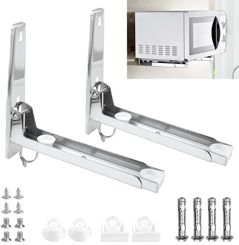 QINERSAW Doppelhaken-Mikrowellenherd-Halter QINERSAW 2 Stk Mikrowellenhalterung Wand Mikrowelle Halterung aus Edelstahl Faltbarer Wandhalterung