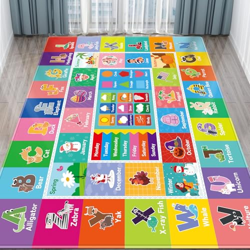 Kinderteppich fürs Spielzimmer, Kinder-Baby-Spielmatte mit Alphabet, Monat, Wetter, Woche und Formen ABC Lernteppich, Kinder-Spielteppich für Schlafzimmer Klassenzimmer (78.7X59 INCH, Wetter)