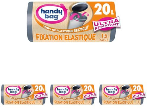 Handy Bag - Sacs poubelle fixation élastique 20L x 15 sacs - Maintient le sac en place - Ultra Résistant - Film triple épaisseur - Étanchéité maximale - 100% plastique recyclé (Lot de 4)