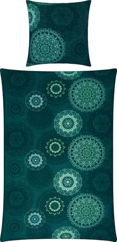 Erwin Müller Bettwäsche, Bettgarnitur Flanell - Mandala - mollig warm, temperaturregulierend, mit praktischem Reißverschluss - Petrol Größe 80x80 cm / 155x220 cm