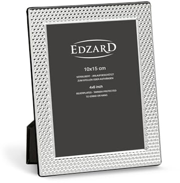 EDZARD Bilderrahmen Barletta (Foto 10x15 cm) versilbert anlaufgeschützt | Silberrahmen für Fotos 10x15 cm, strukturierte Oberfläche, Samtrücken, 2 Aufhänger, zum Stellen und Hängen, Fotorahmen