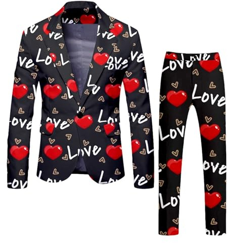 RUMAOZIA 2-teiliger Valentinstag Anzug für Herren Valentinstag Outfit für Herren Suits für Abendessen, Abschlussball, Hochzeit, Blazer-Hosen-Set, Herz-Print, Smoking, Anzugjacke für Herren