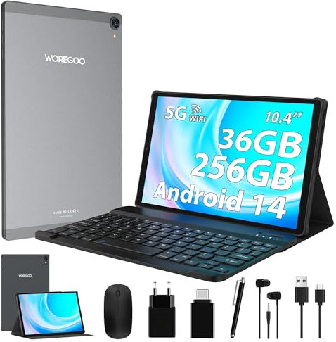 WOREGOO Android 14 Tablet 10.4 Pulgadas, 2000 * 1200 In-Cell Pantalla Tableta 36GB RAM+256GB ROM (TF 1TB), 5G WiFi/Octa-Core/8000mAh/8+13MP/GMS/Cuerpo metálico, Tableta con Teclado y Ratón- Gris