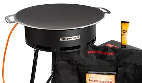 MUURIKKA Outdoor-Kochset, Gasbrenner D-350, 35cm, 2-Brennringe (mit langen Beinen, Windschutz, separat regulierbar, für Wok, Grillplatte & Paella, emailliert) mit Muurikka Grillpfanne 48