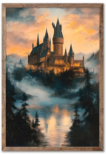 Wandkunst, Gothic-Schloss, Moody Forest, Leinwand, dunkle Akademie, Schlossdruck, Gothic-Landschaftsmalerei, Vintage-Schloss, Poster, Wald, See, Wandkunst, Vintage, stimmungsvolles Bild, nebliger