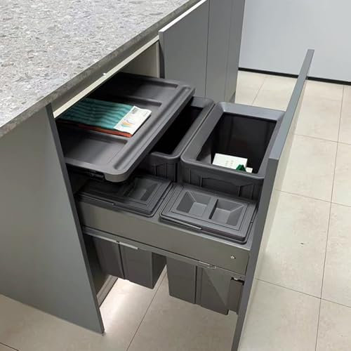 SanzIa Ausziehbare Mülleimer Unter der Theke/Spüle mit Deckel, Kommerzieller 56L Mülleimer Vier Fächer für Küchenspüle, Wäscherei, Türverbunden