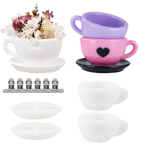 Set of 4 Silicone Moulds, Creativity, Coffee Cup, Silicone Moulds with Saucers and 50 mm Clip, DIY Candle Holder, Silicone Mould, Silicone Tea Cup Bowl, Casting Moulds, Flower Pot, Plaster Mould