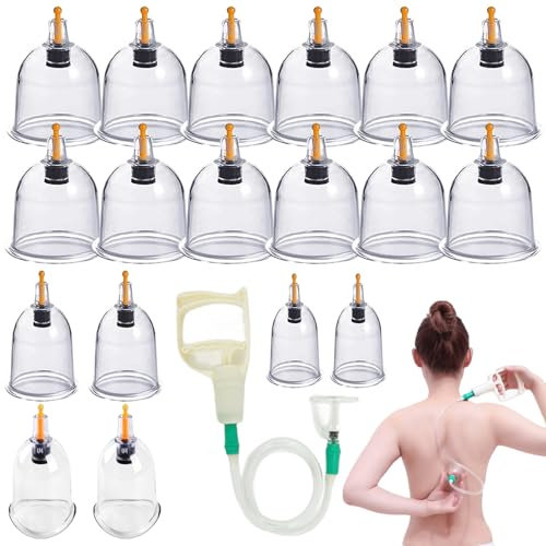 Lot de 18 ventouses en verre pour thérapie traditionnelle chinoise et massage avec pompe à vide et tube d'extension (sans huile)