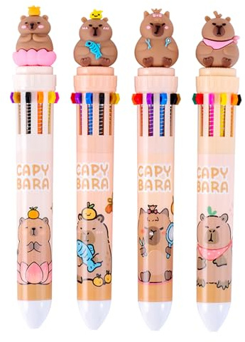 Nurila 4 Stück Mehrfarbiger Kugelschreiber, 0.7mm Stifte | 10 in 1 Einziehbar Multicolor Pen Capybara Für Schüler, Büro, Geschenk