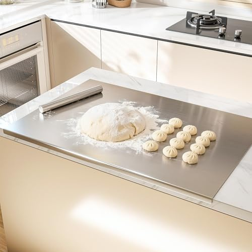 tonchean Stainless Steel Cutting Board 80 x 58 cm Chopping Board | Heavy Duty Worktop Protector Large Bread Pastry Board with Lip and Rolling Pin for Kitchen Kneading Bread Meat Vegetables