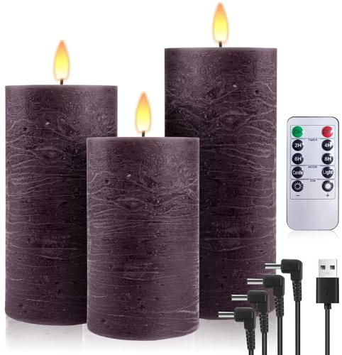 PinnWaa LED Kerzen, 3 wiederaufladbare Stumpenkerzen aus Echtwachs, Lila | 10-Tasten-Fernbedienung, Timer 2/4/6/8 Std, realistisch flackernde Flamme, warmes Licht, Stumpenkerzen für Weihnachtsdeko