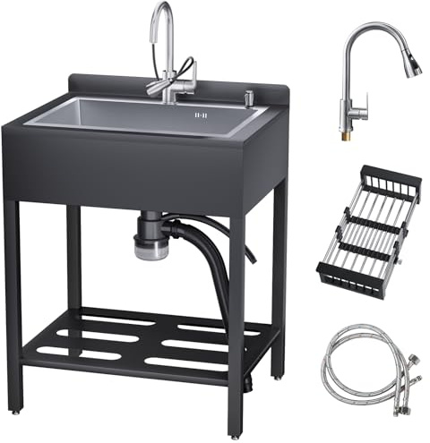 Vakiorn Freistehendes Spülbecken aus Edelstahl mit Kalt- und Warmwasserhahn, gewerbliches Küchenspülbecken für den Außenbereich mit Schläuchen und Abflussset, Waschbecken für Badezimmer, 65 cm, silber
