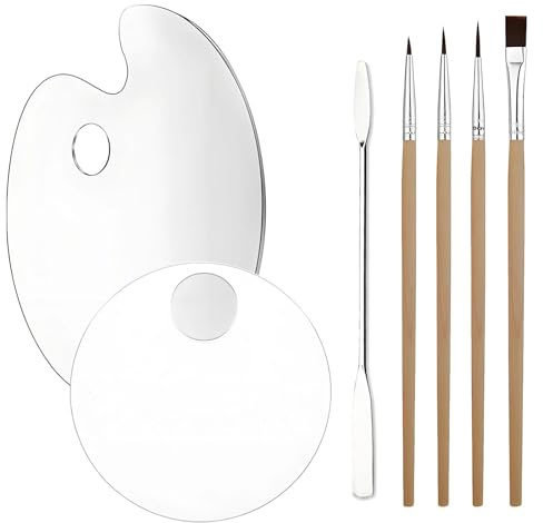 Clear Acrylic Paint Palette, Non-Stick Oil Paint Palette, 7PCS Paint Palette Set with 1 Palette-Knife and 4 Paint-Brushes Non-Stick Oval Artist Palette with Thumb Hole and Protective Film