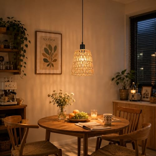 Deboola Hängelampe Boho Pendelleuchte Rattan 1 Flammig Esstischlampe Vintage Geflochten Hängeleuchte Lampenschirm Papierseil E27 Pendellampe für Esszimmer Schlafzimmer/Ohne Leuchtmittel