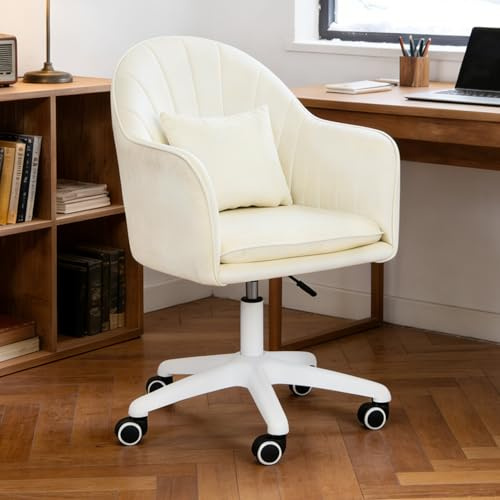 Erlium Ergonomischer Bürostuhl, 360° drehbar Höhenverstellbar, SamtStuhl mit Kopfkissen, Homeoffice Stuhl bis 250 PFD Belastbar, Schminktisch Stuhl, für Studierzimmer, Schlafzimmer, Wohnzimmer, Beige