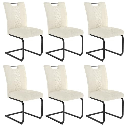 JIEXI Freischwinger Esszimmerstühle 4er Set – Schwingstuhl Stuhl Mit Stoffbezug, Gesteppter Rückenlehne & Metallgestell, Küchenstuhl/Essstuhl Modern, Bequem & Stabil (6 Beige Stühle)
