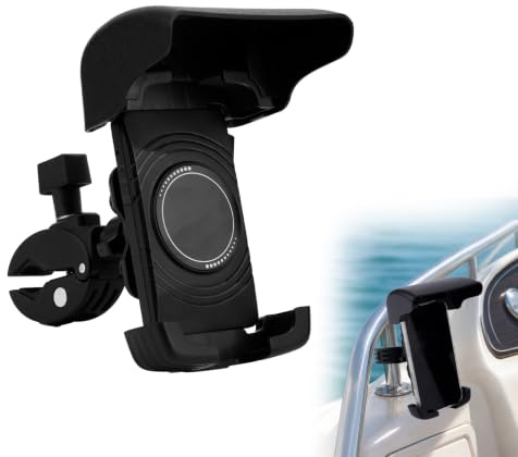 Fukaisu Boat Phone Holder with Sunshade, 360 Degree Adjustable Marine Cell Phone Mount with Knob Crab Clamp Universal Smartphone Accessory for Cycling Boat Rail Pontoon & Outdoor Use