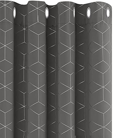 Deconovo Blackout Curtains 90 Inch Drop, Thermal Insulated Eyelet Curtains, Silver Diamond Printed Curtains for Bedroom, 46 x 90 Inch(Width x Length), Grey, One Pair