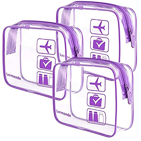 3 Stück Lermende TSA-zugelassene Kulturtasche mit Reißverschluss Reisegepäcktasche Carry On Klare Flughafentasche Reisekosmetik Make-up-Taschen für Damen Herren-Lila