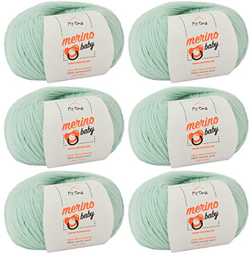 Babywolle - Merino Baby mint (Fb 6045) - 6 Knäuel Baby Wolle mint + GRATIS Label - Babywolle häkeln - Babywolle Merino zum Stricken - 25g/140m - Nadelstärke 2,5-3mm - weiches Babygarn von MyOma