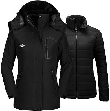 wantdo Women's Outdoor 3 in 1 Ski Jacket Winter Rain Coat Hooded Black Large