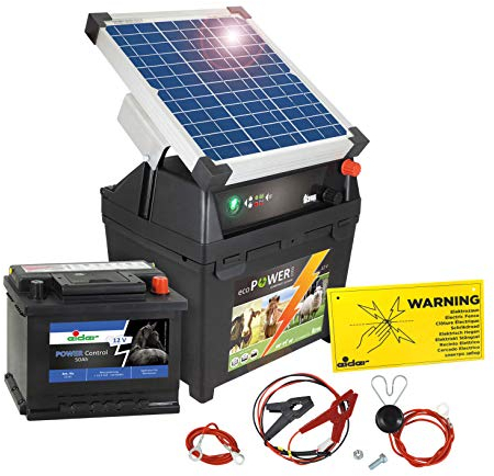 Eider Weidezaungerät ecoPOWER1000-12 Volt, mit 10 Watt Solar & Akku - mit Tiefenentladeschutz - handliches Elektrozaungerät zum Hüten von Nutztieren und Pferden