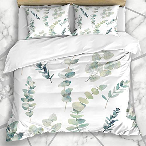 Soefipok Bettbezug-Sets Botanical Green Leaf Aquarell Eukalyptus Zweige Muster Florist Hand Natur Grün Zweig Mikrofaser Bettwäsche mit 2 Pillow Shams