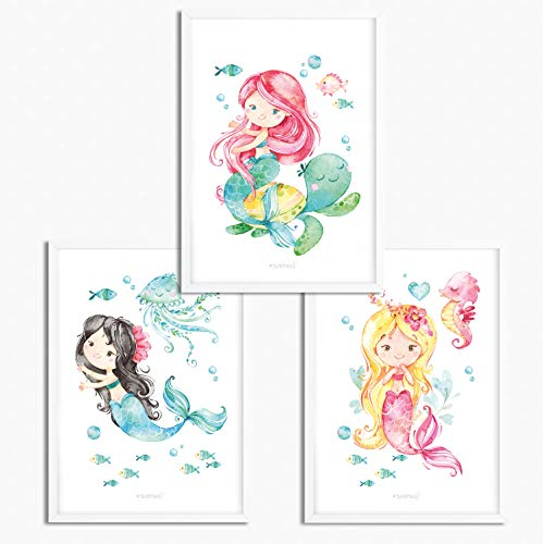 Sunnywall® 3er Set Meerjungfrau Meereswelt Poster Kinderzimmer - A4 Bilder Babyzimmer Kinderposter | OHNE Bilderrahmen | - Deko Mädchen Junge (Meerjungfrauen Meereswelt, A4 (21 cm x 29,7 cm))
