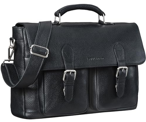 STILORD 'Owen' Laptop Aktentasche Leder Vintage Lehrertasche Schultertasche für MacBook 15 Zoll Satchel Bag Tasche zum Umhängen ideal für Business Büro Trolleys, Farbe:schwarz
