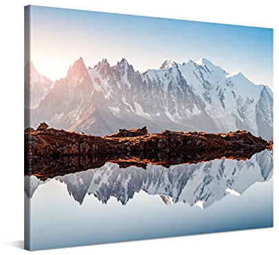 PICANOVA – Bild auf Leinwand Monte Bianco Alpen Bergsee Chesery 100x75cm Leinwandbild – Premium Leinwanddruck – Wandbild Kunstdruck Auf 2cm Holz-Keilrahmen Wohnzimmer Wanddekoration – Berge