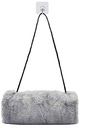 SwirlColor Handmuff Kunstpelz Muff für Warme Hände mit Tasche Riemen Grau Muff Handwärmer Damen Herren Kinder 1 Stück, mit Transparentem Haken 1 Stück