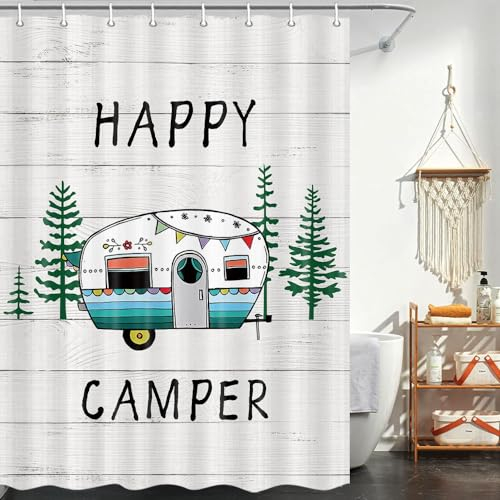 Happy Camper Duschvorhang Retro Rustikales Holz Neutrale Farbe Für Reise Anhänger Camping Thema Motor RV Badezimmer Stall Duschvorhang Set, Kleine Größe Wasserdicht Dusche Cutain, Haken enthalten, 119