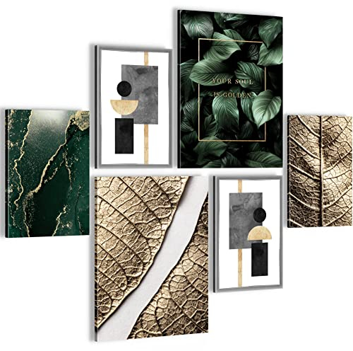 Novart Wandbilder Set Abstrakt Figuren Blätter Gold Grün - KEIN EXTRA RAHMEN BENÖTIGT - Modern Deko - Wohnzimmer Schlafzimmer N006963a