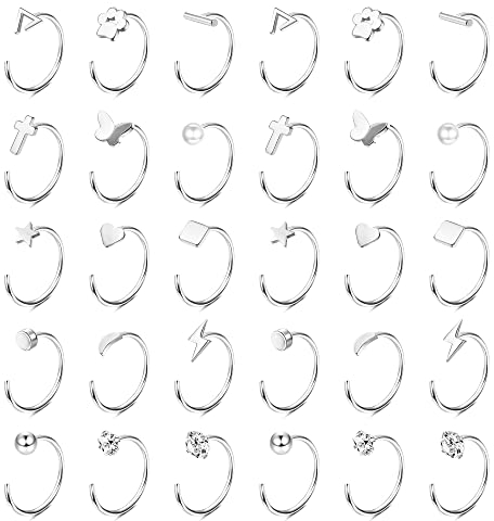 Milacolato 15Paar Creolen Set Edelstahl Piercing Ohr Klein Halb Huggie Creolen Ohrringe Mini Kugel Stab Stern Mond Herz Schmetterling Punkt CZ Ohrstecker Ohrknorpel Piercing Schmuck Silber