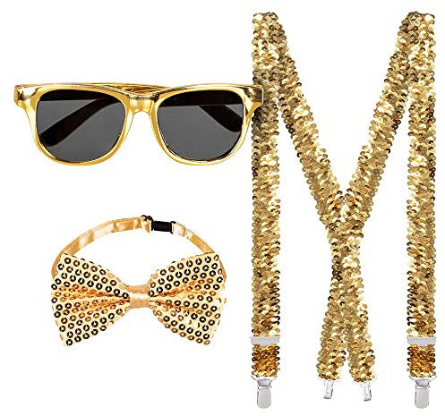 Party Set Partykleidung Hosenträger Fliege Brille gold oder silber (gold)