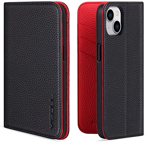 VISOUL Hülle für iPhone 14,Handyhülle Echtleder 3 Kartenfächer Verdichtes TPU Magnet Stand,Stoßfeste Schutzhülle Lederhülle Rot L