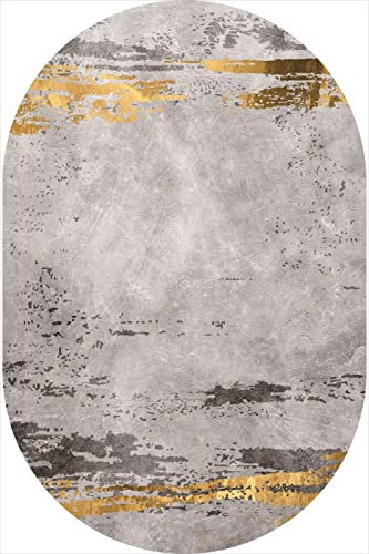 SRTJURFG Modern Designer Oval Groß Teppiche Kinderteppiche Wohnzimmer Flauschige Groß Schutzmatten Einfaches graues Gold geometrisch, 70 x 140 cm