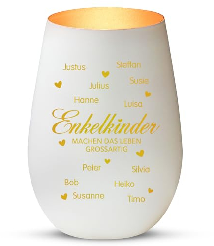 Love Faith Meine Enkelkinder Windlicht Weiß/Gold - Personalisiertes Windlicht für Teelichter mit Namen-Gravur - Geschenk für Oma & Opa