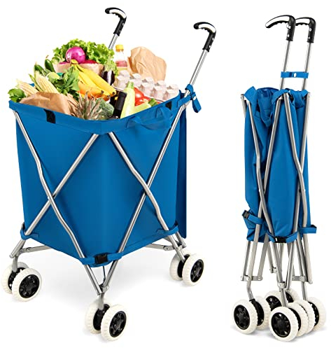 COSTWAY Faltbarer Einkaufstrolley mit Rädern, Kapazität 90 L/55 kg, Handwagen mit Abnehmbarer Oxford-Tasche, Einkaufswagen Klappbar, Trolley Tasche mit Griff, zum Einkaufen, Camping (Blau)