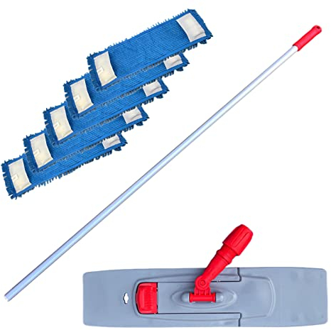 G.I.V. - Reinigungstechnik Bodenwischer Set Moppstange Aluminium mit Rändelhandgriff + Klapphalter & 5X Chenillemopp Bezug 50cm - Wischbezug - Wischer für die Bodenreinigung - Wischmopp mit Stiel